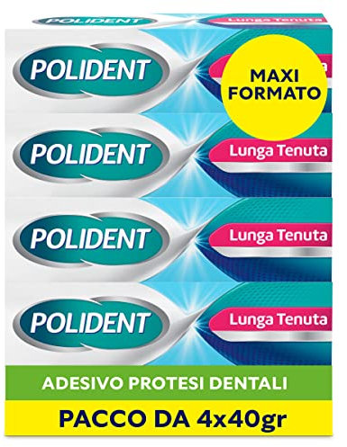 Polident Lunga Tenuta, Adesivo per Protesi Dentale, fino a 12 Ore di Tenuta Giornaliera, Gusto Menta Delicata, Pacco da 4x40 g