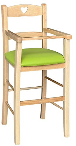 Hochstuhl aus Naturholz mit grüner gepolsterter Sitzfläche
