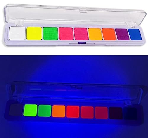 KARLOR UV Neon Lidschatten Palette, 9 fluoreszierend Gesichtsfarbe Körperfarbe für Neon Schminke Augen grafisch Eyeliner Gesichts-Körperbemalung High light Make-up Leuchtet unter Schwarzlicht