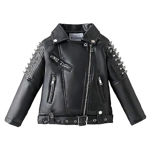 linboo Lederjacke Kinder Jungen Motorradjacke Mädchen Hübsch Bomberjacke mit Nietenverzierung übergangsjacke Frühling Herbst, Schwarz, 146-152