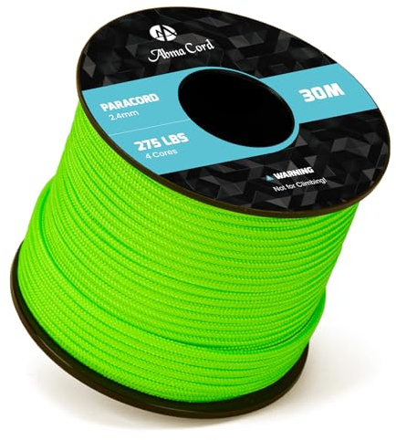 Abma Cord Paracord 275 Nylon Seil 2,4mm 30m Schnur mit 4 Kern für Basteln, Camping, Survival - Max. 125kg (275lbs) - Neon Grün