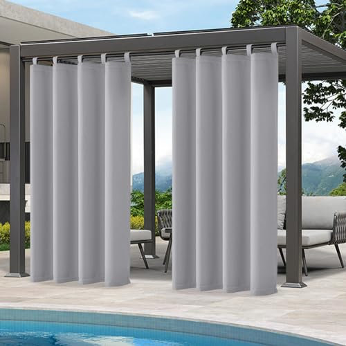 Qelus Vorhang Outdoor Wetterfest, Sonnenschutz mit Klettverschluss B132xH241cm, Außenvorhang Wasserdicht für Balkon Sichtschutz Pavillon Pergola Terrasse Garten (Hellgrau, 1Stück)