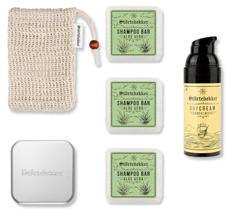 Störtebekker® Premium Dusch Routine Set - Festes Shampoo Aloe Vera (x3), Sisalsäckchen, Seifendose + Tagescreme - Shampoo Bar Set für Haare, Kopfhaut & Bart - Handgefertigt in Seifenmanufaktur
