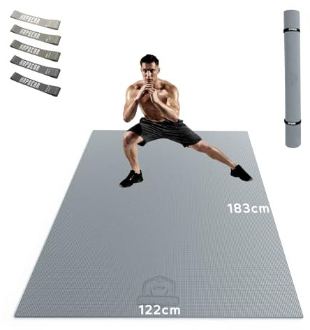 HAPBEAR Yogamatte XXL- Extra Groß Breit Sportmatte Fitnessmatte Rutschfest 183x122x0.8cm Dicke,Hoher Dichte Ultra Haltbar PVC, Gymnastikmatte mit Fitnessbänder,Schuhfreundlich-Grau