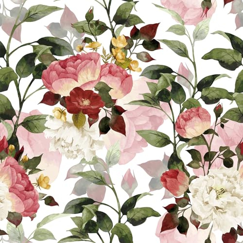 VEELIKE Papier Peint Fleuri Rose Aquarelle Vintage Papier Peint Floral Blanc Papiers Peints Feuillage Vert Papiers Peints Autocollant Motif Botanique Adhesif pour Meuble Chambre 44,5cm×300cm