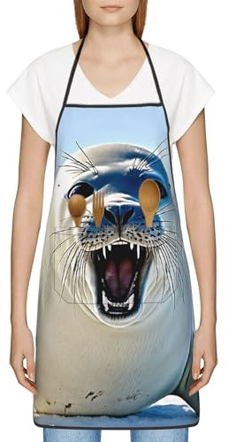 Gfhwpxcnb Schürze mit Einschienenbahn-Druck, für Damen und Herren, wasserdichte Küchenschürze mit 2 Taschen, für Küche, Garten, Restaurant, Grillen, Kaffee, Harp Seal Malertapete, One size