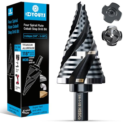 Four Spiral Flute M35 Step Drill Bit Set 1/4 - 1-1/8”(15 Sizes), 3/8 Shank for Metal Step Drill bit, Impact Resistant Cobalt Step Drill Bit, for Stainless Steel, Wood, Aluminum, Plastic