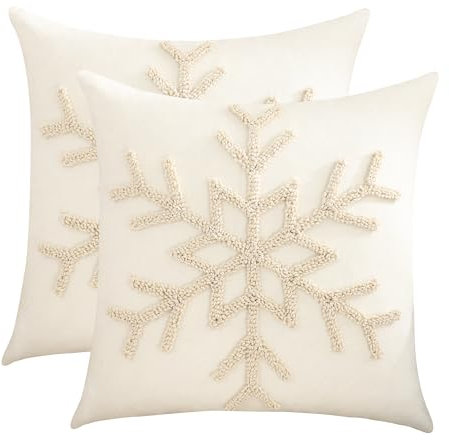Tosleo Juego de 2 fundas de almohada de Navidad de 45,7 x 45,7 cm, color beige, diseño de copo de nieve, decoración de fiesta de Navidad, funda de cojín bordada para sofá, cama, sala de estar