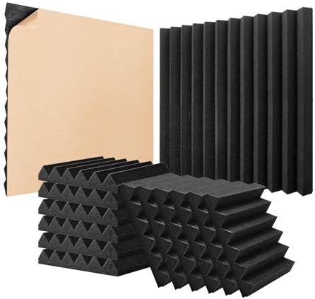 VEVOR Panneau Mousse Acoustique Lot de 24 Panneaux Muraux Insonorisants Adhésifs 30x30x5 cm Haute Densité Absorbants le Son Résistants au Feu pour Murs et Plafonds de Studio, Maison, Bureau, Noir