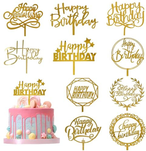 YUBBYSTU 10 Pièces Topper Happy Birthday, Acrylique Cupcake Topper Joyeux Anniversaire, différentes formes pour faire briller les gâteaux d'anniversaire (Or）
