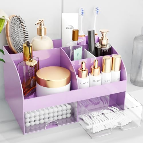 Makeup Organizer with Drawers, Cosmetic Storage for Dresser Vanity and Bathroom Countertop, Beauty Holder for Lipstick Brush, Skincare Organizer for Vanity, Cosmetic Display Case (Purple)
