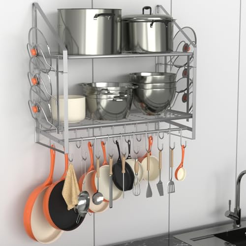 VyGrow 28 Inch Pan Stand, 2 Tier Pots and Pans Organiser with 20 Hooks and 6 Pot Lid Holders, Heavy Duty Steel Pot and Pan Hanger for Kitchen Cookware Utensils Storage, Silver