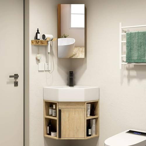 YUGXTH Eckwaschbecken, Wandmontiertes Keramik Waschbecken, Dreieckiges Wandwaschbecken, Keramik Eck Waschbecken mit Aufbewahrungsbehälter Und Spiegelschrank, für Die Küche zu Hause, Terrasse(45cm/17.7