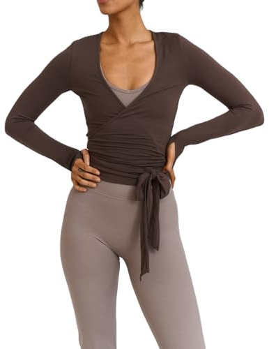 CocMouse Women Slim Fit Yoga Shirts Workout Wrap Top Sexy V Neck Tie Front Long Sleeve Crop Top Bandage Surplice Wrap Blouse (Coffee, S)