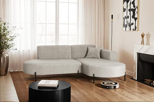 Kaiser Möbel - Ecksofa mit Wohnlandschaft, Eckcouch L Form, Polstersofa, Bequemes Couch mit Ottomane für Wohnzimmer, Relaxsofa, Metallfüße, Velour, Lounge-Set L-Form, Modena Rein, Hellgrau, Rechts