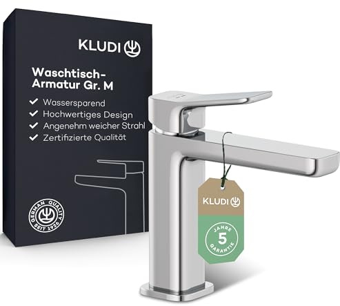 KLUDI-X3 Waschtischarmatur, Auslaufhöhe 110 mm, wassersparender Wasserhahn Bad Größe M, Keramikkartusche, Mischbatterie Waschbecken inkl. Anschlussschläuche in Chrom