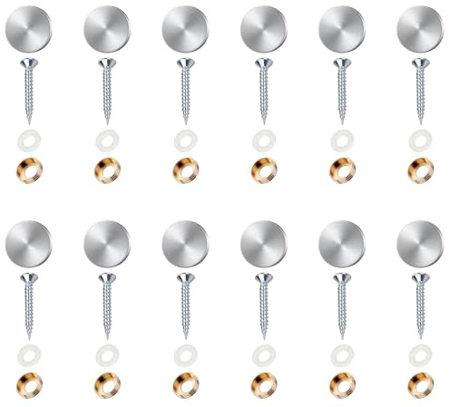 Diffaxy 12 juegos de tornillos de espejo, tornillos decorativos, 16 mm, tornillos de acero inoxidable con arandelas, tornillos decorativos plateados para mesas, placas de baño, cristal, decoración de