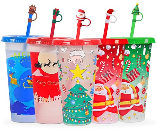 PAIKIUU Weihnachts-Farbwechselbecher mit Deckel und Strohhalmen 24 oz, 5er-Pack wiederverwendbare Weihnachtsfeierbecher aus Kunststoff für Eiswasser, Kaffee oder Tee
