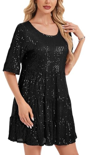 Kyzoeyou Kurzarm Glitzer Sommerkleid Damen mit Pailletten Midi Kleider Leicht Kleid Casual Tunika Plissee Swing Freizeitkleid(Schwarz,L)