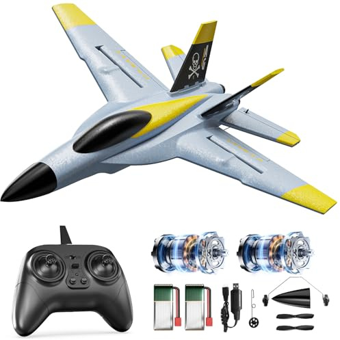 DEERC 4-kanals borstlös RC flygplan, avancerat gyroskop, 360° flip-konstflygning, låg batterinivå-varning, fjärrstyrt flygplan med 2 batterier, lätt att flyga för vuxna och barn