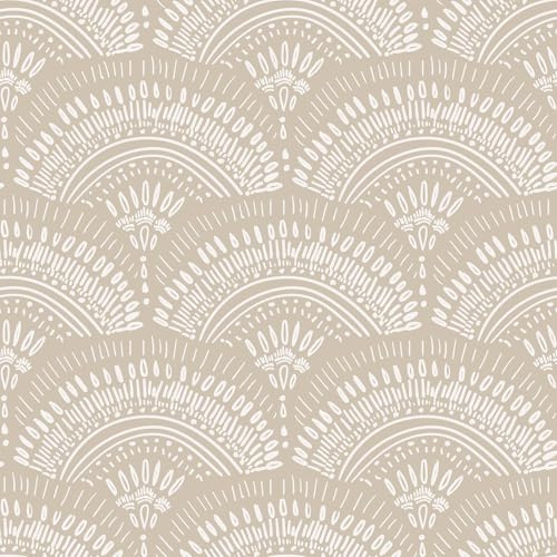 VEELIKE Papier Peint Géométrique Beige Bohème Papier Peint Graphique Geometrique Éventail Papiers Peints Adhesif Mural Cuisine Chambre Adhesif Mural Decoratif Salon Salle de Bain 44,5 cm x 300 cm