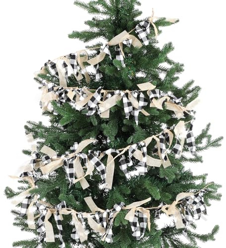 Suncalla 9 FT Buffalo Plaid Ribbon Christmas Tree Garland,Black and White