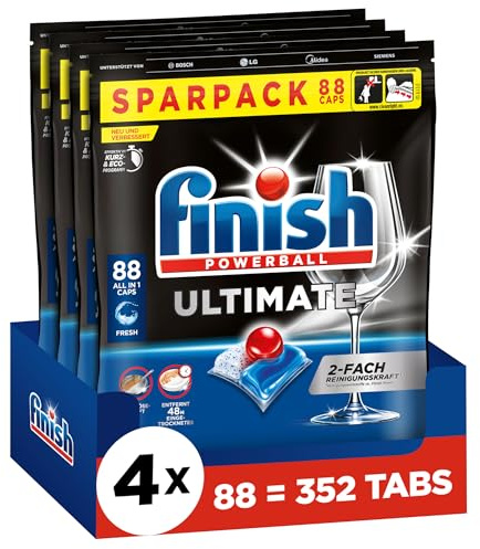 Finish Ultimate Fresh Spülmaschinentabs - Geschirrspültabs für ultimative Reinigung, Fettlösekraft und Glanz - Sparpack mit 352 Tabs (4 x 88 Tabs)