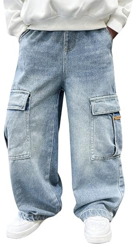 Jeans Baggy per Bambini Pantaloni a Gamba Dritta Larghi Elasticizzati Vita Jeans Ragazzo in Denim Y2k Regular Cargo Pantaloni da Jogging Streetwear Regalo (A01-Blue, 11-12 Years)