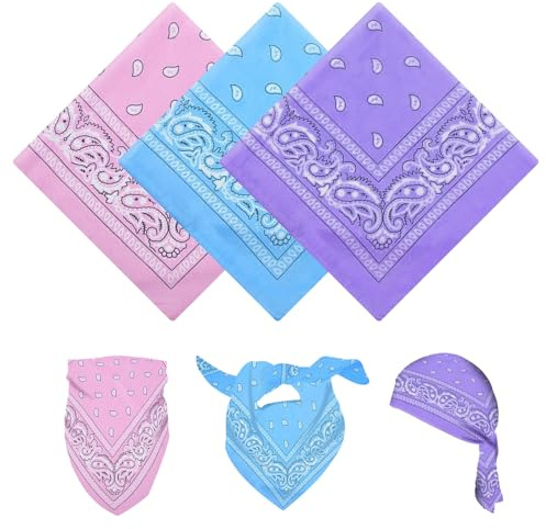 Set med 3 Bandanas, Multifunktionella Hårsjalar med Paisley-mönster, Unisex Huvuddukar och Pannband för Kvinnor och Män, Cowboytillbehör (Rosa, Ljuslila, Ljusblå)