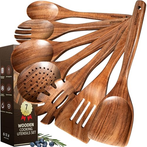 Kikcoin Wood Kitchen Utensils Set, 7 PCS Solid Teak Wooden Spoons for Cooking with Long Handle Heat-Resistant Wooden Cooking Utensils Set for Non-stick Cookware Including Hanging Hole