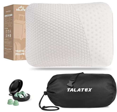 Talatex Naturlatex Mini Reisekissen, Campingkissen, leicht, komprimierbar, mit Aufbewahrungsbeutel und Ohrstöpseln, ideal für Flugreisen, Lange Autofahrten, Camping, Wohnmobil und Zelt.
