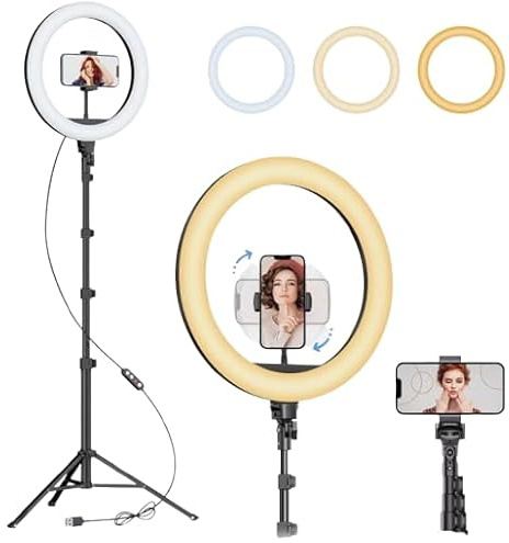 12 Inch LED Ring Light with 63 Adjustable Tripod Stand & Phone Mount, Dimmable Desk Floor Light, 3 Colour Modes & 10 Brightness Levels, USB Powered for YouTube Makeup Video Live Streaming