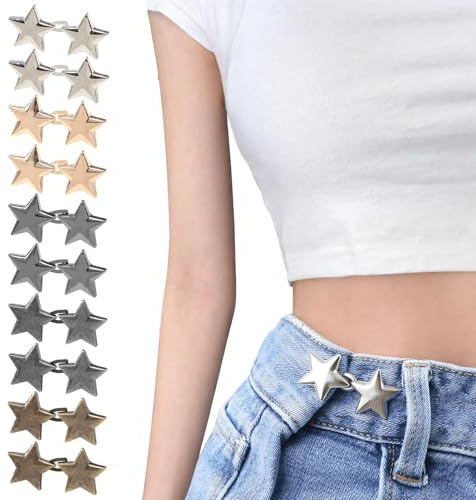 10 Pares Botones Ajustables para Cintura, Pantalones con Botones de Estrella para Jeans Sueltos, Clips Reutilizables para Apretar la Cintura para Ropa, Vestidos, Faldas(5 Colores)