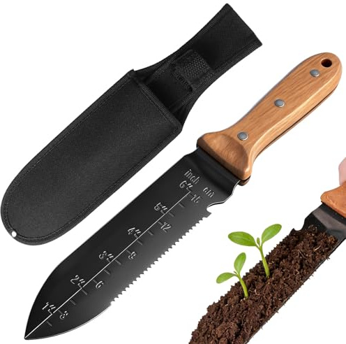 Necdeol Hori Hori Coltello da Giardino con Fodero in Tela Multiuso Coltello da Giardino con Lama In Acciaio Inox Professionale Coltello Da Giardinaggio, Diserbo, Scavare, Taglio (Nero)