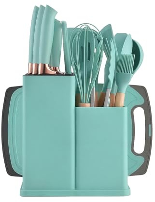 Küchenmesser Set 19-teilig, Silikon Küchenutensilien Set mit 5 Messern und 13 Kochbesteck, Inklusive Aufbewahrungsbox und Halter, Geeignet für Zuhause und Partys (Dunkelgrün)