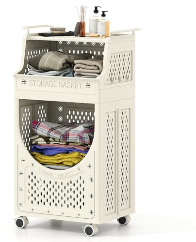 COSTWAY 3/4-Tier Laundry Basket Trolley on Wheels, Foldable Laundry Hamper Cart with Storage Shelves/Box & Hooks, Rolling Plastic Clothes Sorter Washing Baskets Organiser (3 Tiers)