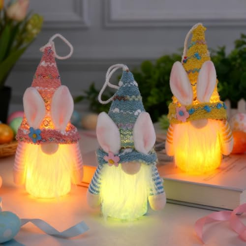 Osterdeko Wichtel Figuren mit LED Licht, 3 Stück Beleuchtet Ostern Deko Hase Wichtel Plüsch Osterwichtel Figuren Aufhängbar Osterhase Deko Frühling Modern Tischdeko für Osterdeko Frühlingsdeko (A)
