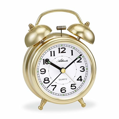 Atlanta Glockenwecker Quarz ohne Ticken lauter Glocken Alarm Licht Retro Silber - 2103/9 (Gold)