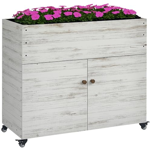 Outsunny Jardinera de madera con compartimento para armario, bancal de hierbas con ruedas, jardinera con tela no tejida, para balcón y jardín, 110 x 50 x 95 cm, color blanco