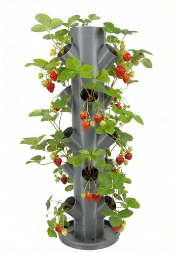 Ayvia Pflanzturm 15 Pflanzen – Erdbeerturm & Kräuterturm für Balkon, Terrasse & Garten | Vertikales Pflanzsystem für Erdbeeren, Kräuter & Salat | Urban Gardening, Robustes Hochbeet Grau