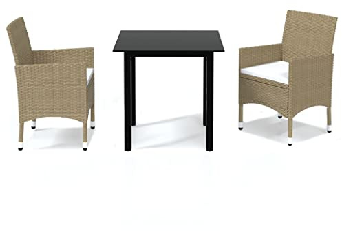 HFXHIJXQ 3-TLG. Gartenmöbel-Set Beige 80 cm Glas-Alu-Tisch & 2 Poly-Rattan-Sessel mit cremeweißen Kissen Modernes Design Robust und wetterfest für Balkon Terrasse und kleinen Garten