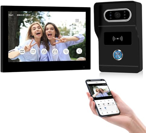 FTes RFKits Telefonillo Portero Automático con Cámara, Videoportero 2 Hilos | 1080P Visión Nocturna, Monitor Táctil 7, WiFi 2,4 GHz App Tuya, 5 Tarjetas RFID 125 kHz, Memoria 32 GB, Doble cerradura