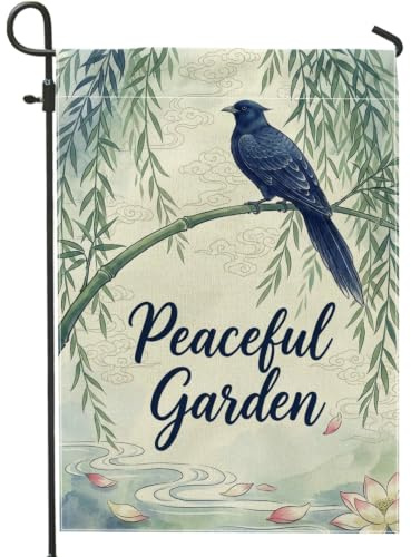 Bandera de jardín de pájaros, plantas de naturaleza asiática, lirio de agua, primavera, arpillera azul, banderas exteriores decorativas de doble cara, para porche delantero al aire última intervensión