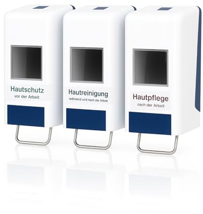 Blanc HYGIENIC Tri-Softflaschenspender Weiß-Blau, 3-Fach, 1–2 L | Drei Spenderplätze, für 1- und 2-Liter-Softflaschen, Wandplatte 290 × 400 × 125 mm, Weiß-Blau