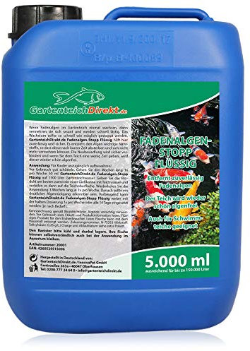Gartenteich-Direkt Fadenalgen-Stopp FLÜSSIG für den Gartenteich (Schnelle Wirkung, entfernt zuverlässig Fadenalgen, Algen, Vernichter und Fadenalgenentferner), Größe:5 L