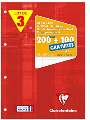 Clairefontaine 65818AMZC 3 Kursusblöcke 150 Blatt liniert Rand 90g gelocht