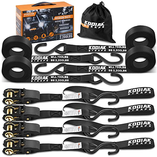 KODIAK STRAPS Ratchet Straps Heavy Duty Tie Down Strap Set 2200 Break Strength – 1 x 17' 4pk with Soft Loops Cargo Truck Bed Tie Downs – Coated Deep S-Hook & Carry Bag for Securing Cargo Black