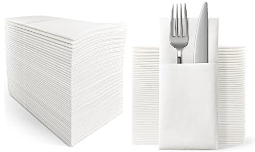 UKEENOR Disposble Dinner Napkins Cloth Like with Built-in Flatware Pocket,Wedding Party Linen Feel White Napkin, Prefolded for Silverware,Pack of 50