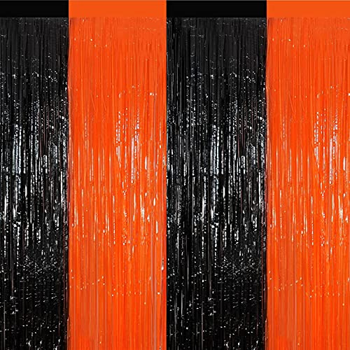 4 Tende Metalliche Feste Nero Arancione,1 x 2m Frange Scintillanti Foil Tenda Sfondo per Sfondo Fotografico,Festa Compleanno,Addobbi Matrimonio,Anniversario,Halloween Decorazioni