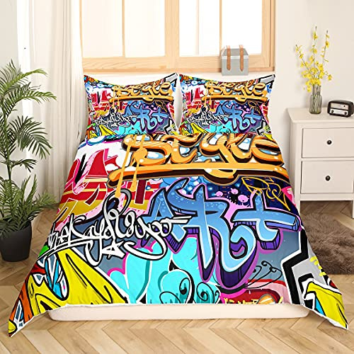 Ensemble de literie Graffiti ensemble de housse de couette rock culture de rue hip hop enfants garçons filles 140x200 cm ensemble de lits en microfibre avec fermeture éclair et 1 taie d'oreiller